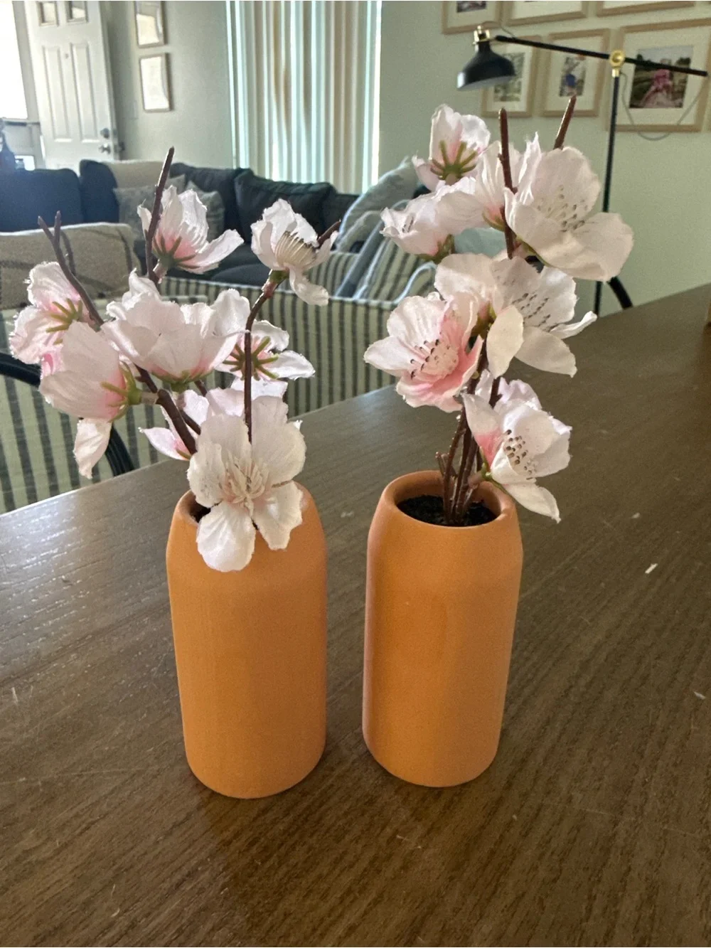 Pink Cherry Blossom Artificial Flower Arrangement in Terra Cotta Bud Vases